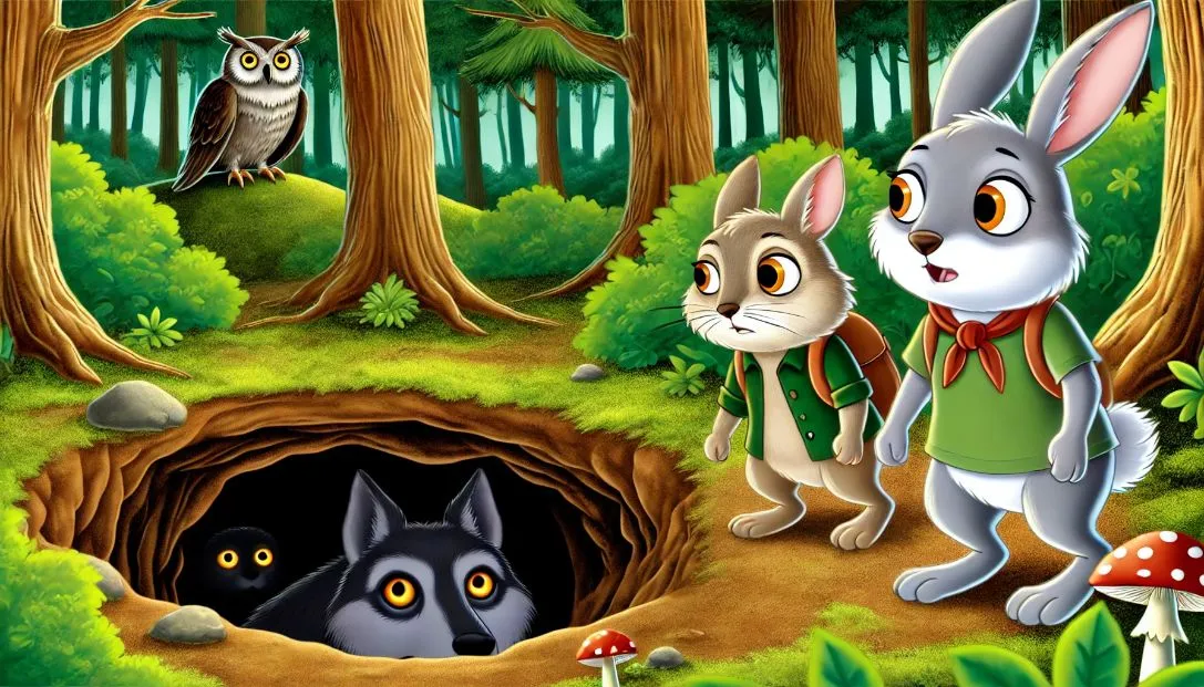 A brave rabbit named Rosie and a cautious squirrel named Sam stand at the entrance of a dark cave with a wolf's glowing eyes inside, while a wise owl, Olivia, watches from a branch.