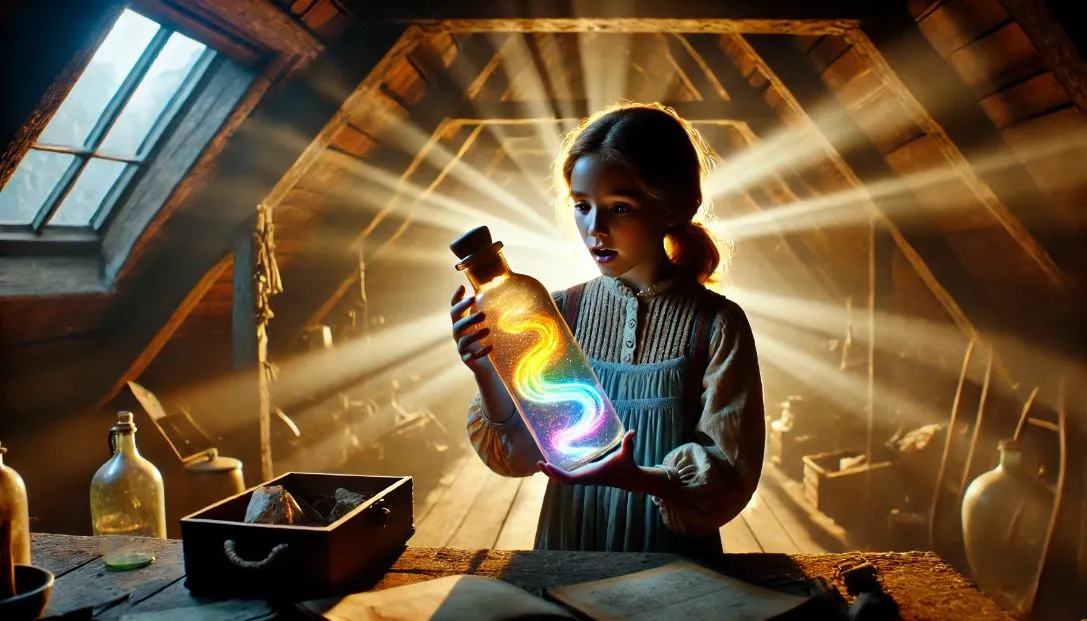 Lila discovers a glowing bottle with a rainbow inside in an old attic.