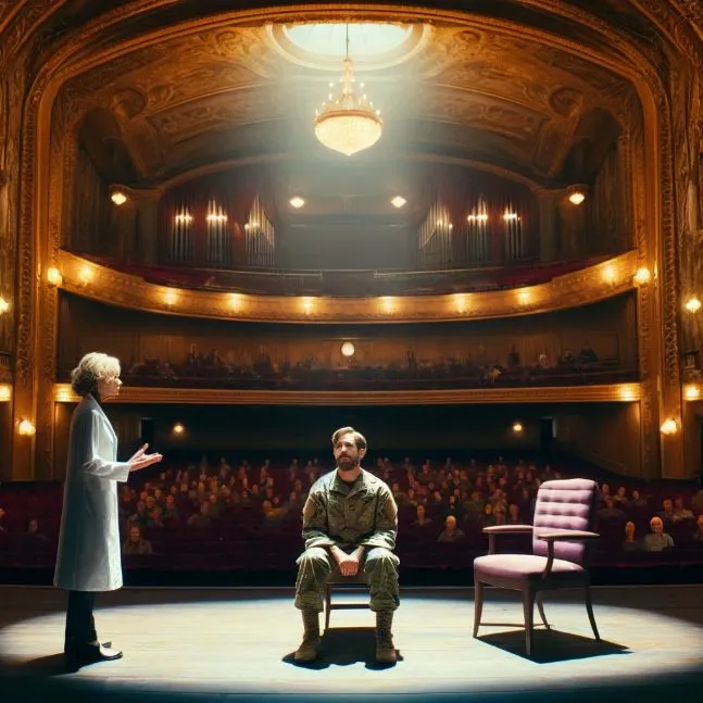 Grand stage in the historic Orpheum Theater with Dr. Claire Martin conducting a therapy session with Michael, a former soldier.