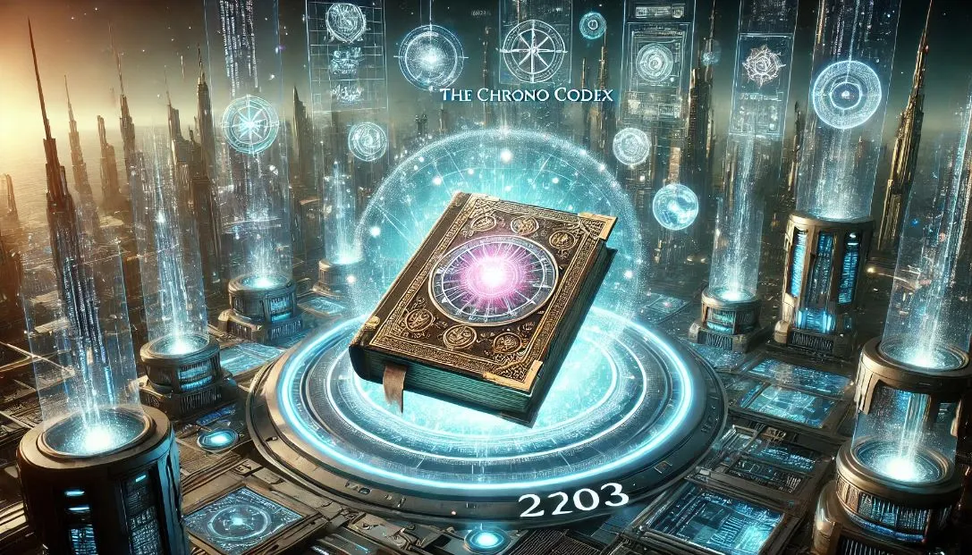 A futuristic cityscape in 2203 where magic and technology coexist, featuring the glowing Chrono Codex with ancient runes and holographic displays of advancements.