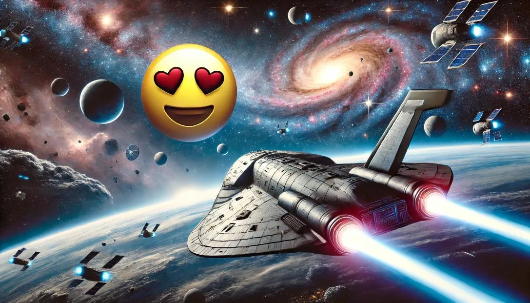 The starship Emoticon, a sleek, advanced spaceship, travels through the vast expanse of space towards the distant planet Elysium. The backdrop is filled with stars, nebulae, and distant galaxies.