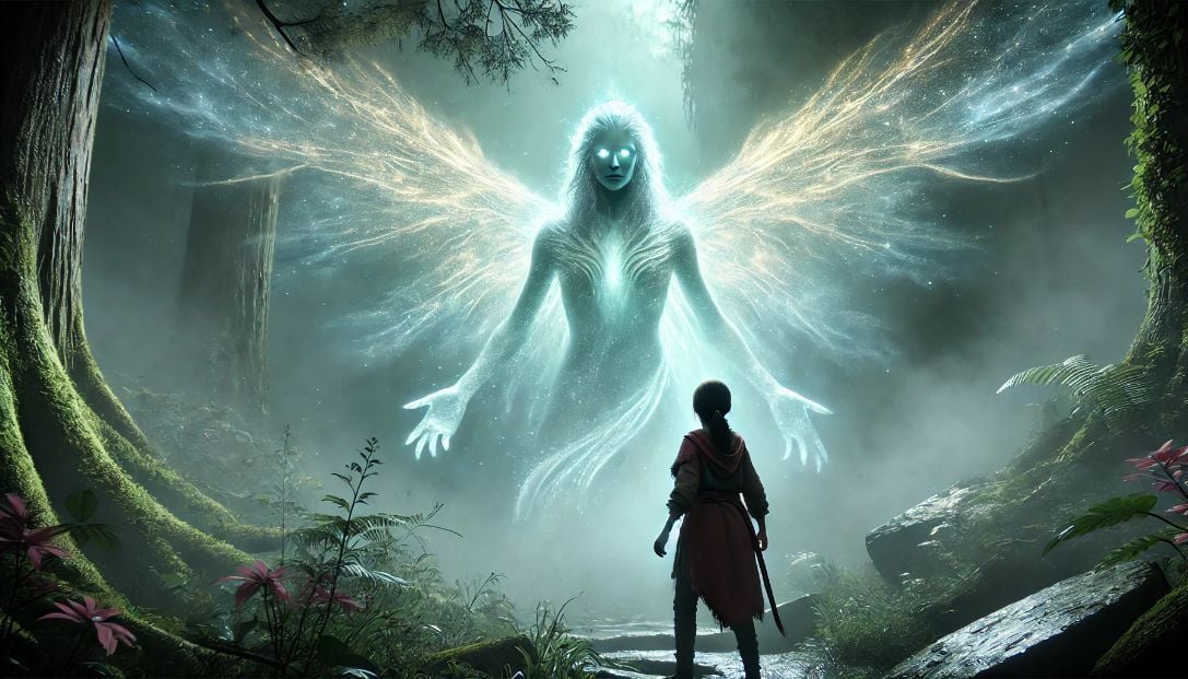 In a dense mist, a glowing ethereal figure with shimmering wings and ancient eyes appears before a young girl named Elara. The scene is mystical and awe-inspiring.