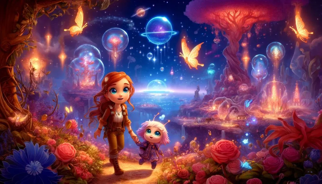 Lila and her celestial girlfriend, Elara, explore the fantastical planet Celestia with floating fire bubbles, girl butterflies, upside-down trees, and a magical ocean garden of roses. The scene is vibrant and enchanting.