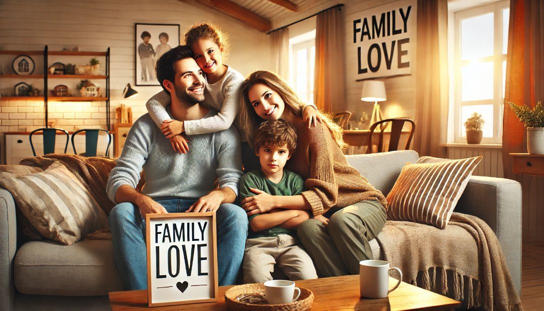 A warm family scene with parents and children gathered together in a cozy living room. The mother is hugging the children, the father is smiling, and everyone looks happy and content.