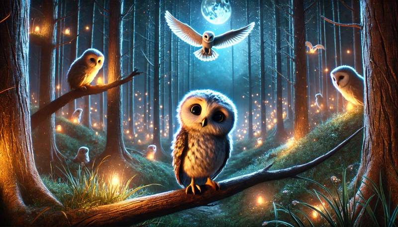 A small owl named Oliver perched on a branch in an enchanted forest at night, with other glowing owls flying in the sky and a wise old owl named Luna glowing softly in the distance.