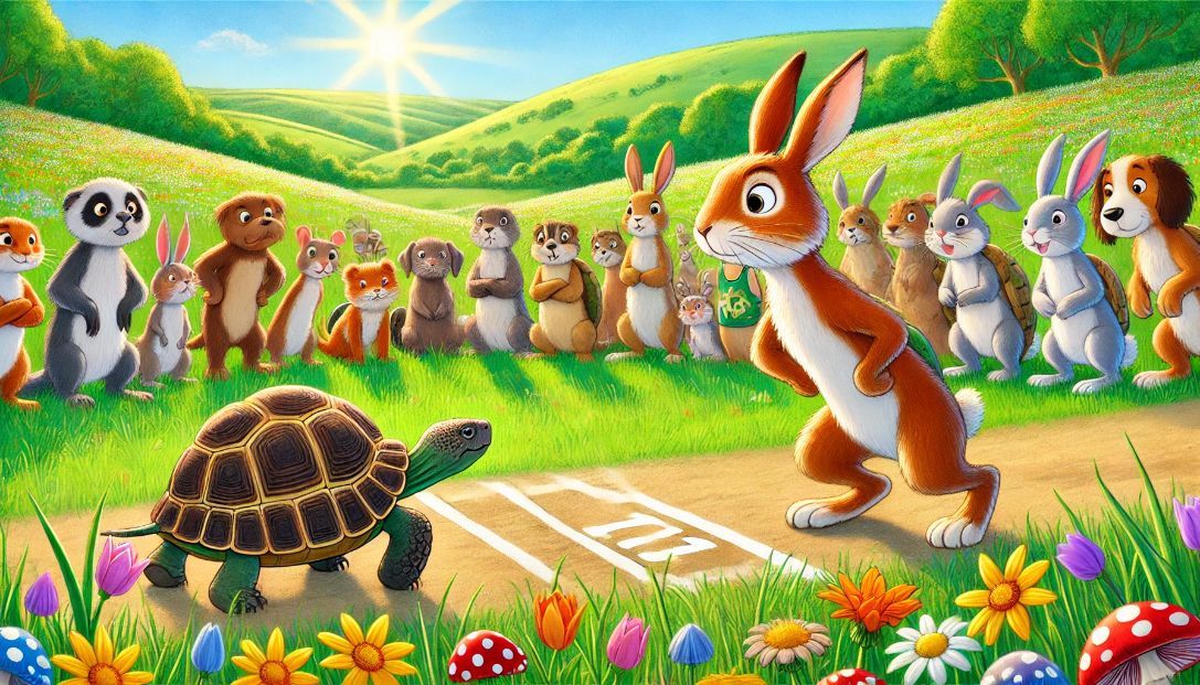 Toby the tortoise and Harry the hare standing at the starting line of a race in a peaceful meadow, surrounded by excited animals and colorful flowers.