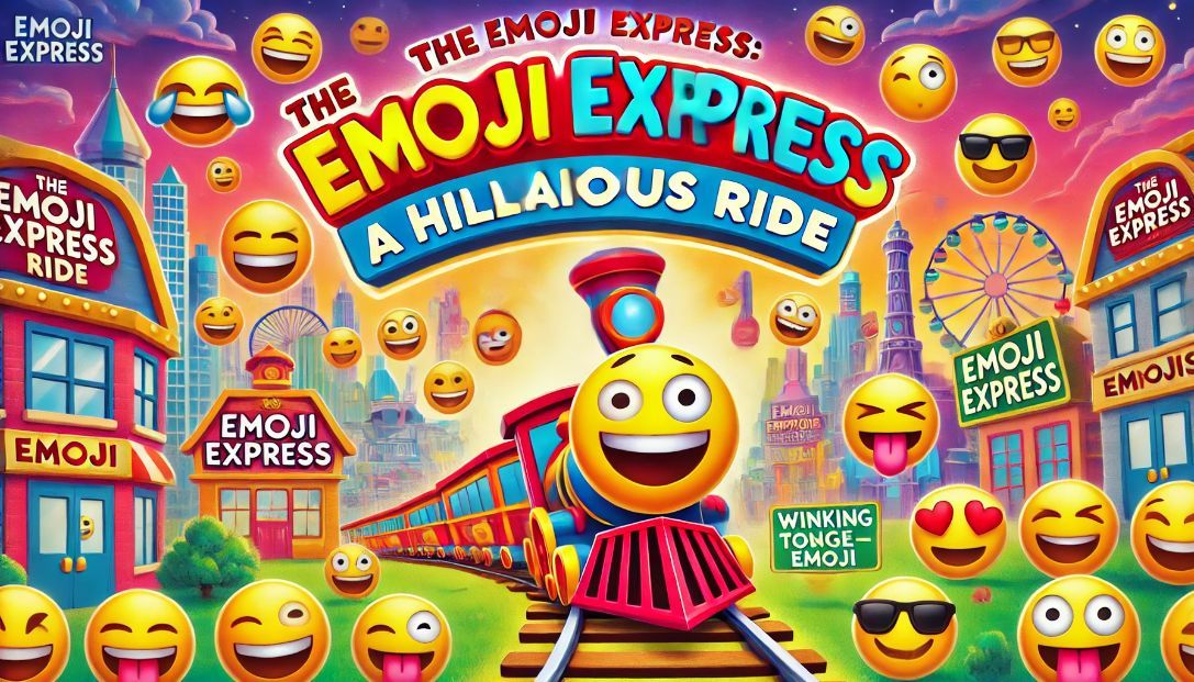 A vibrant and colorful scene of Emojiopolis with the Emoji Express train in the background. The title 'The Emoji Express: A Hilarious Ride' is prominently displayed in a fun, whimsical font, surrounded by emojis