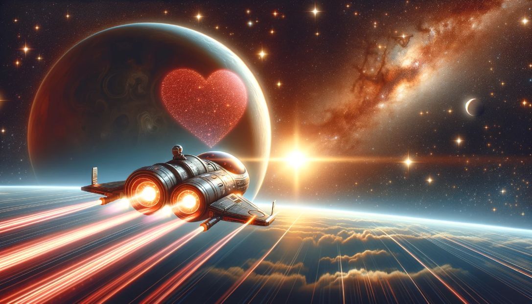 A sleek spacecraft named Cupid's Arrow with heart-shaped designs zooms through the starry expanse of space, heading towards Venus, which glows warmly in the distance. The background is filled with stars, nebulae, and the sun casting a warm light