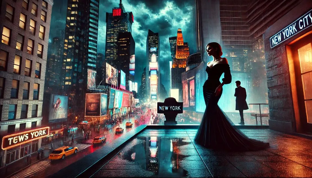 Dramatic New York City night with neon lights. A woman in a black gown stands on a rooftop, looking over the rainy city. A shadowy man is seen in a dimly lit studio.