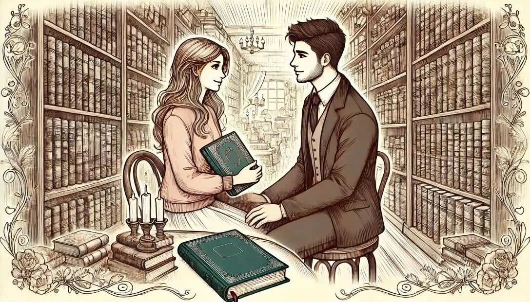 A woman and a man sitting together in an antique bookstore, surrounded by shelves of old books, holding an old leather-bound diary and looking at each other with love and warmth.