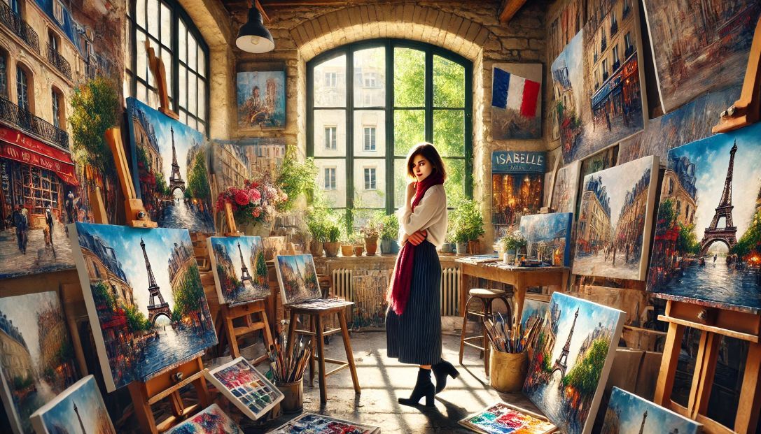 Isabelle Moreau standing in her art studio in Paris, surrounded by vibrant canvases depicting Parisian life. The studio is filled with natural light