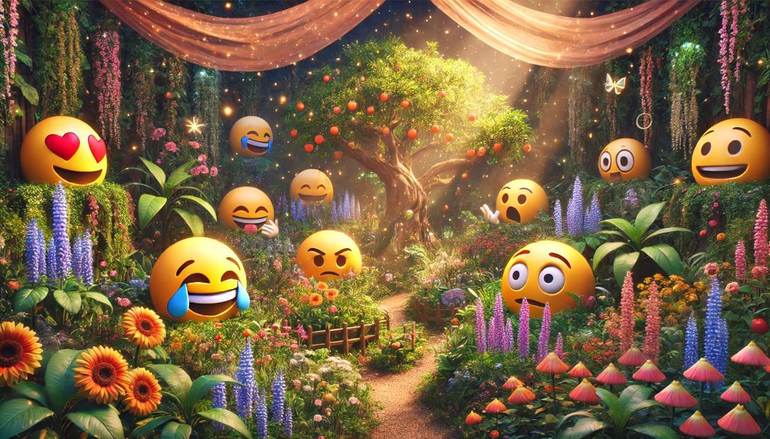 A hidden garden in the city of Emotica where emojis live. The garden is lush and vibrant, with flowers blooming everywhere. Emojis like Happy 😊, Sad 😢, Angry 😡, and Surprised 😱