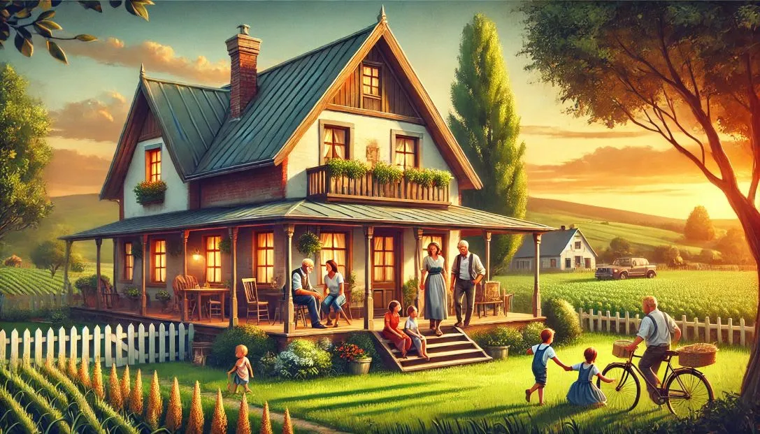 A beautiful rural farmhouse with a family gathered on the porch at sunset, surrounded by lush green fields and children playing nearby.