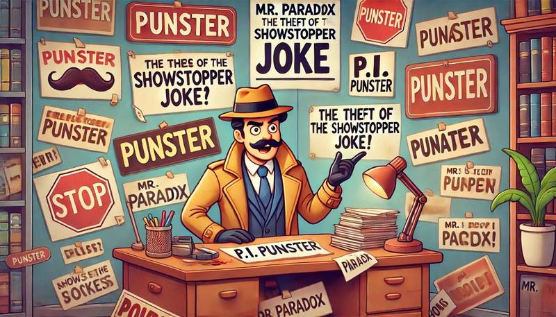 P.I. Punster, a detective with a fedora, in his office filled with pun-filled signs. The scene is vibrant and cartoonish, with playful elements. Mr. Paradox is making a dramatic entrance, explaining the theft of the showstopper joke.