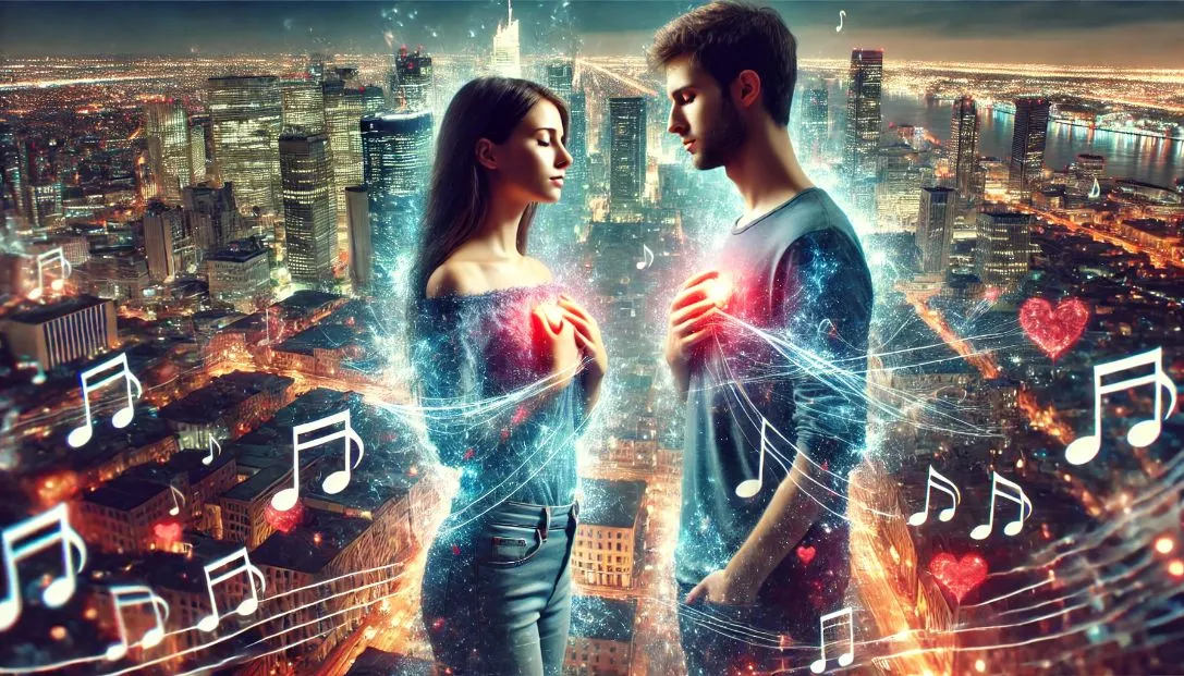 A couple in a vibrant city, connecting through invisible heart vibrations, surrounded by ethereal light and musical notes.